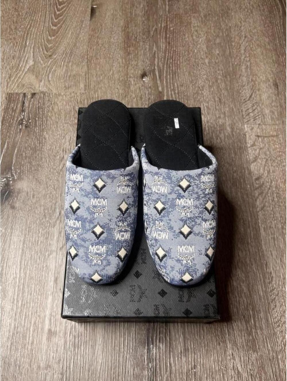 MCM Visetos Slippers Monogram Denim Blue Size 8W With Box